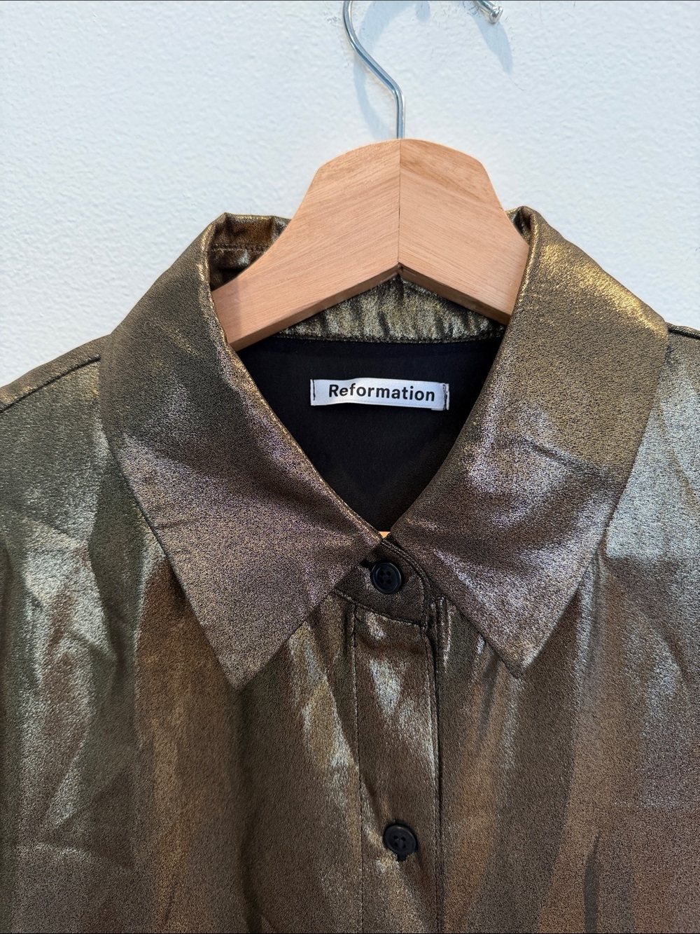 Reformation Nolan Top Metallic Gold Button-Up Shirt Jacket - Picture 3 of 9
